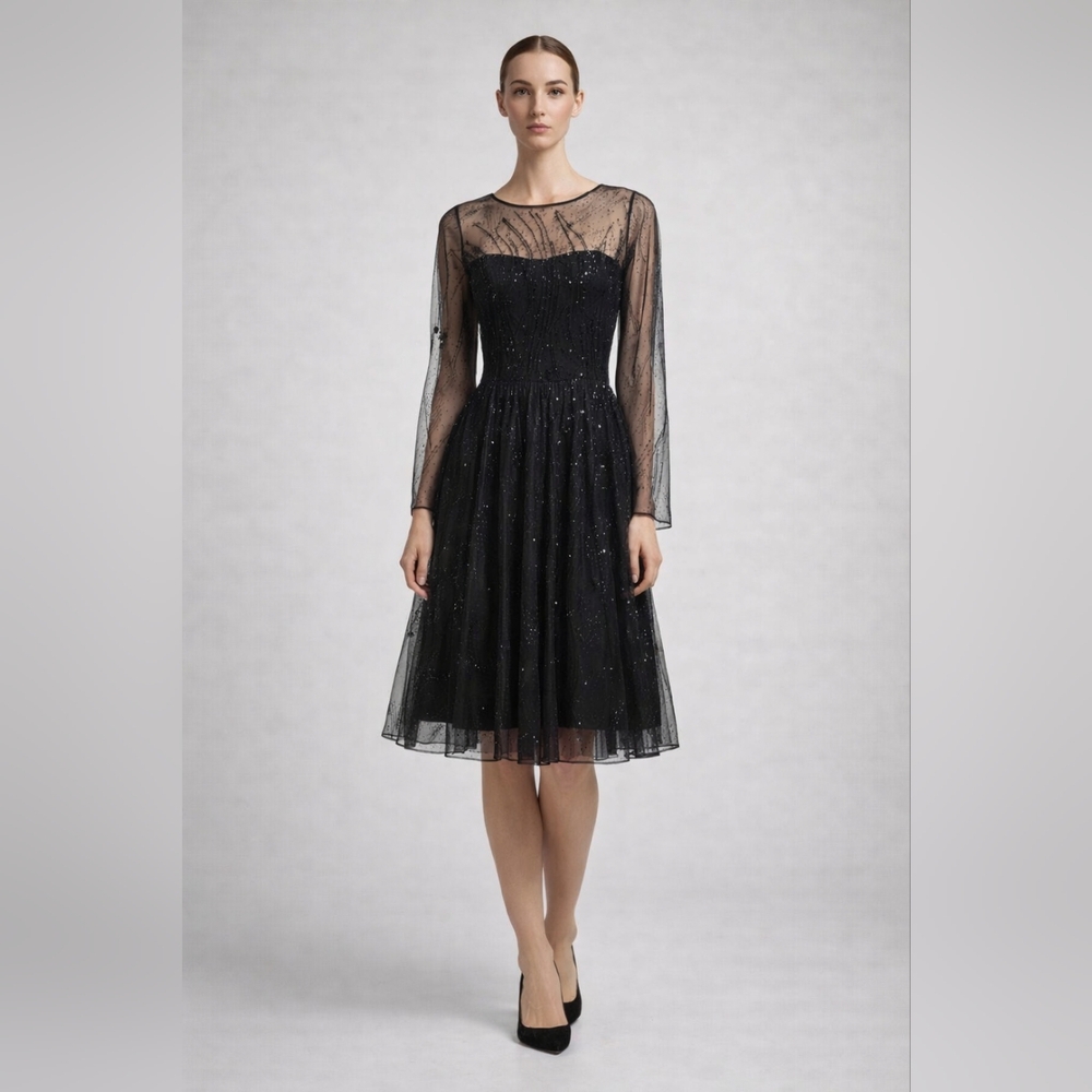 Vera Wang Black Beaded Shifon Dress US4